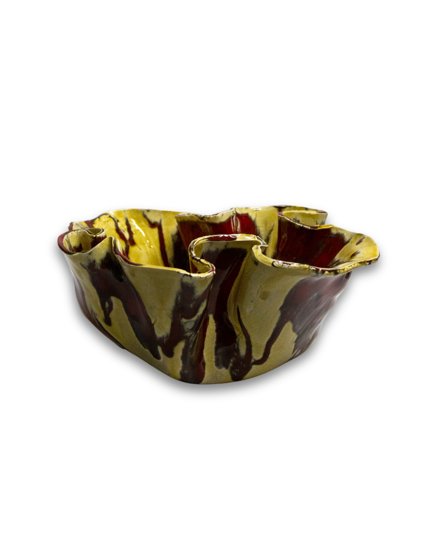 MEDIUM POTTERY BURGUNDY AND MUSTARD