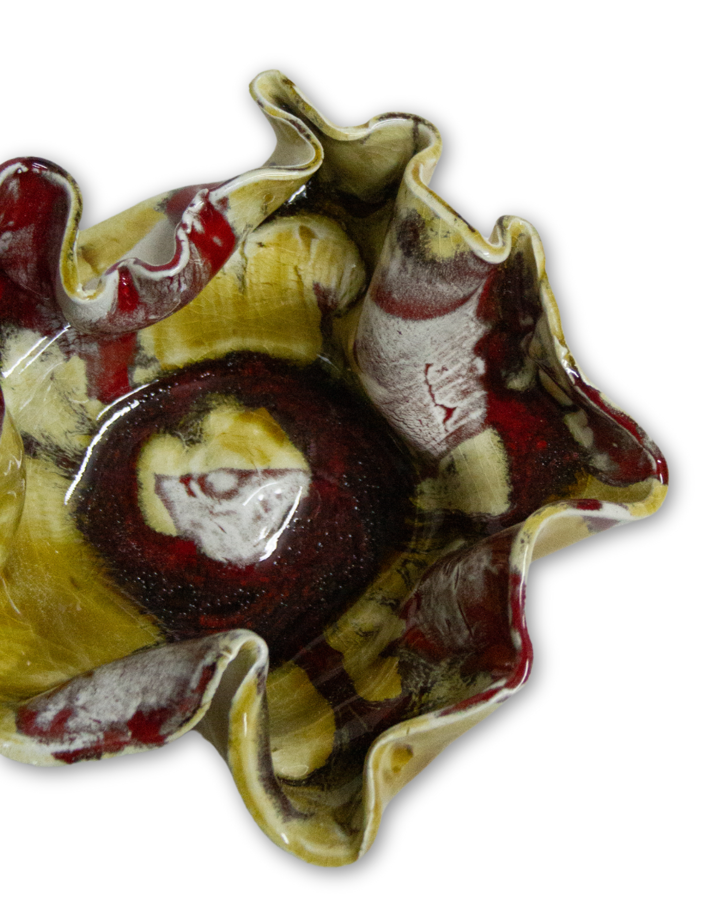 POTTERY LARGE BURGUNDY AND MUSTARD