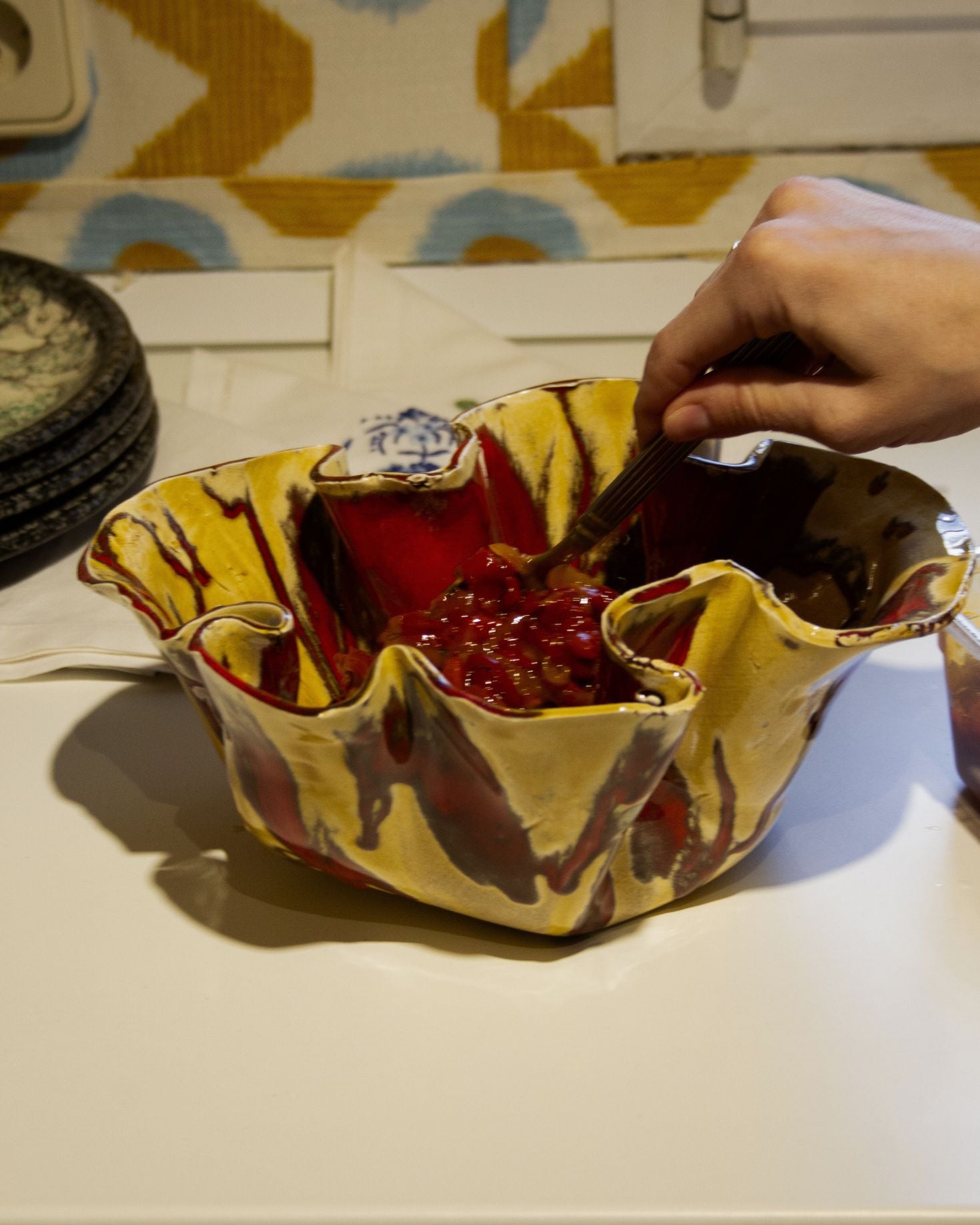POTTERY LARGE BURGUNDY AND MUSTARD