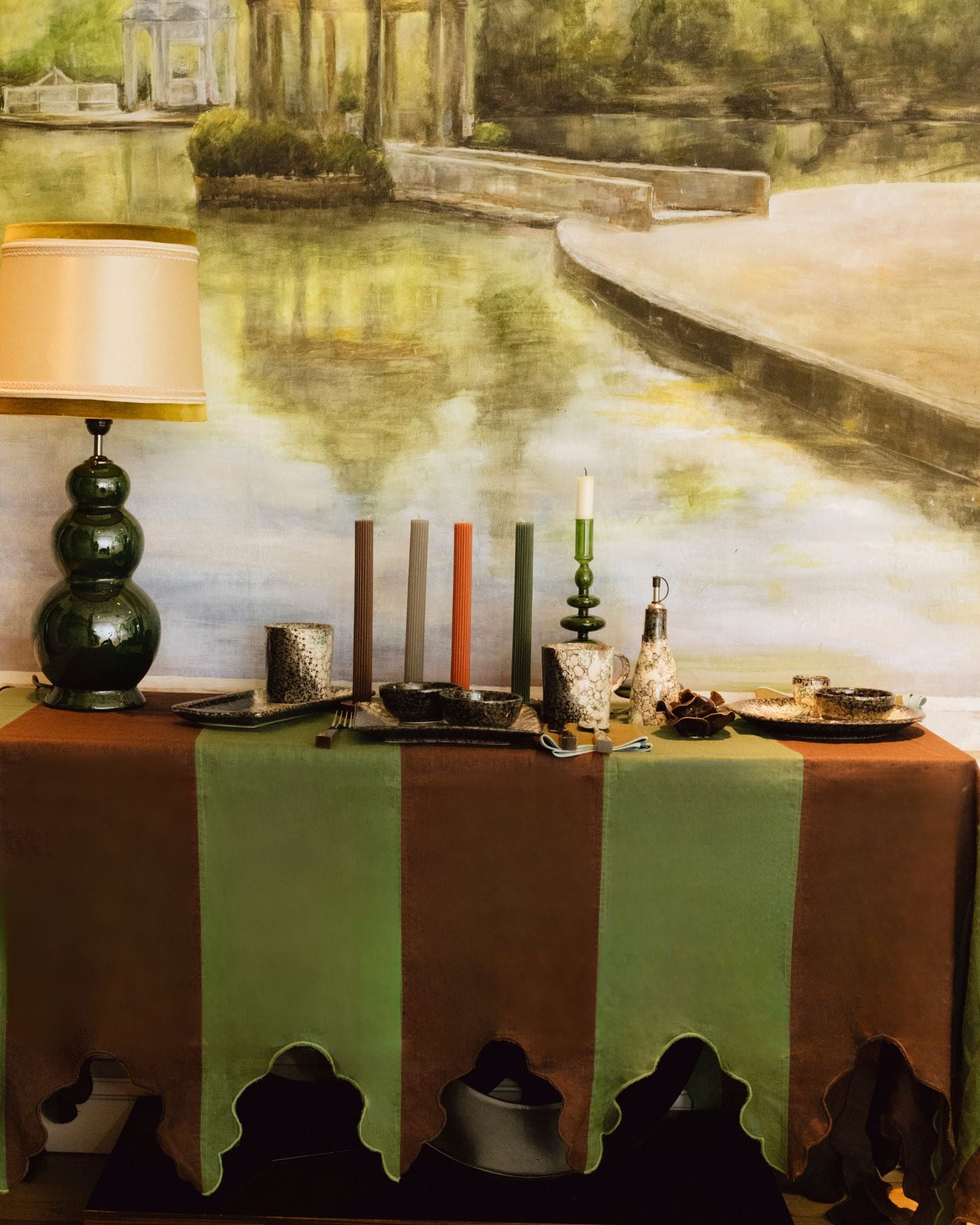SET MANTEL E INDIVIDUALES VERDE Y MARRON
