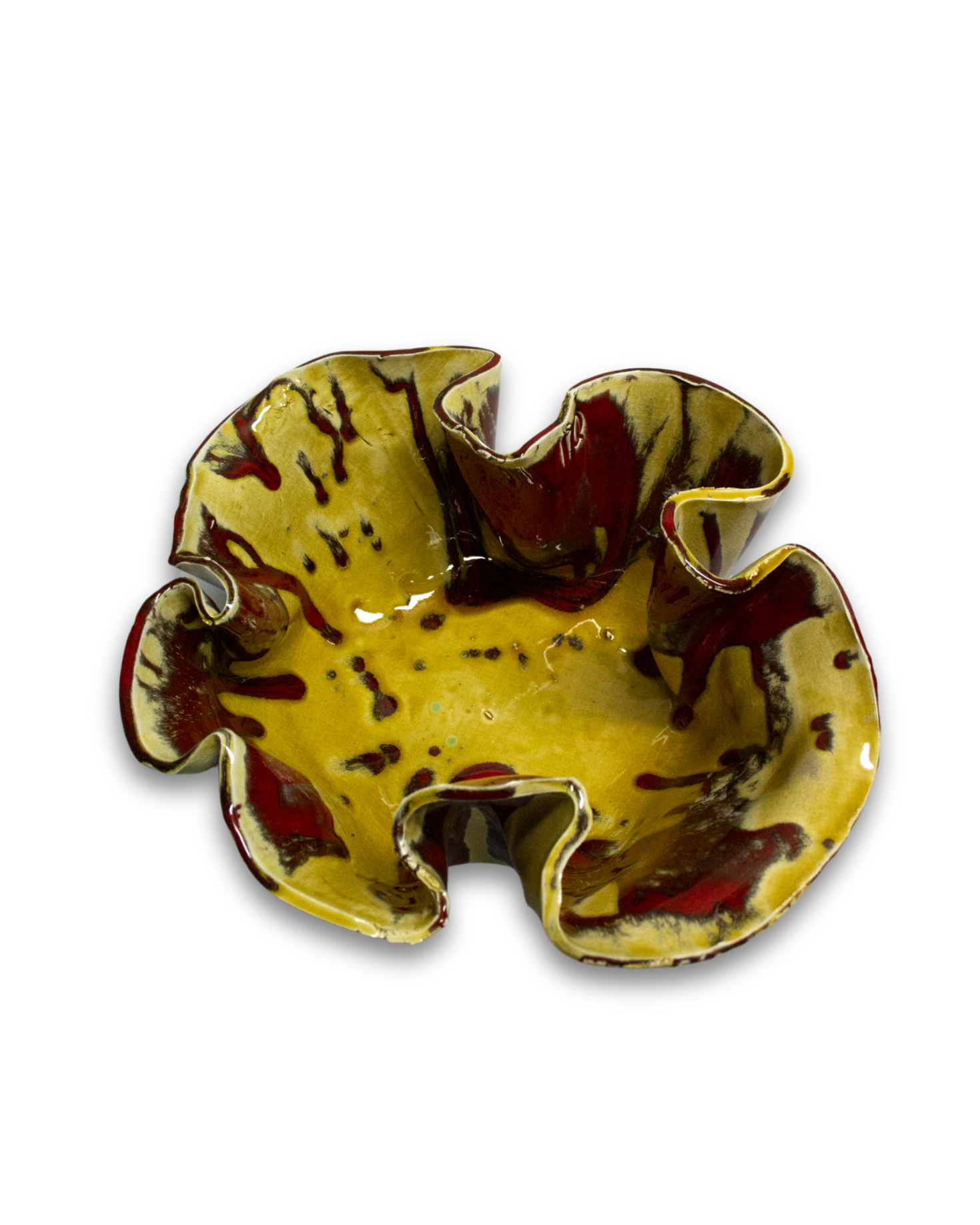 MEDIUM POTTERY BURGUNDY AND MUSTARD