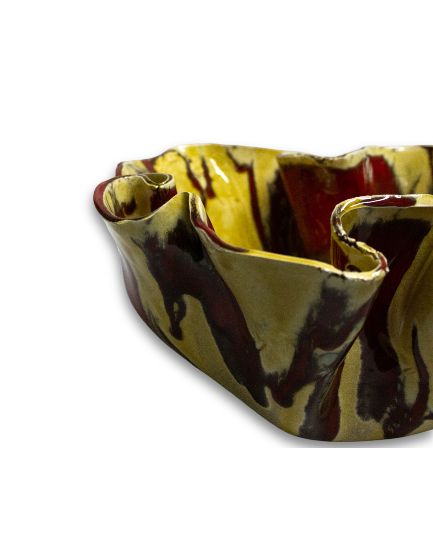 MEDIUM POTTERY BURGUNDY AND MUSTARD