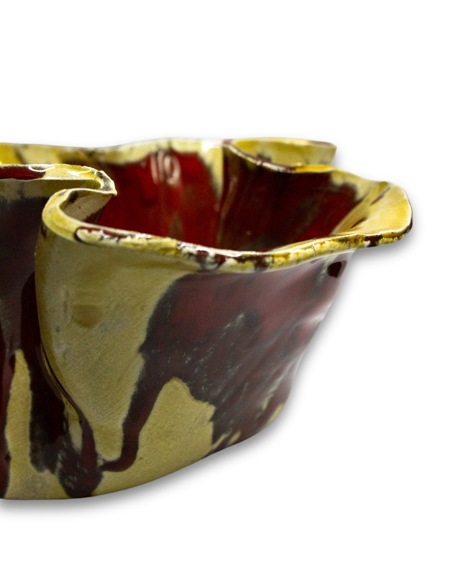 MEDIUM POTTERY BURGUNDY AND MUSTARD