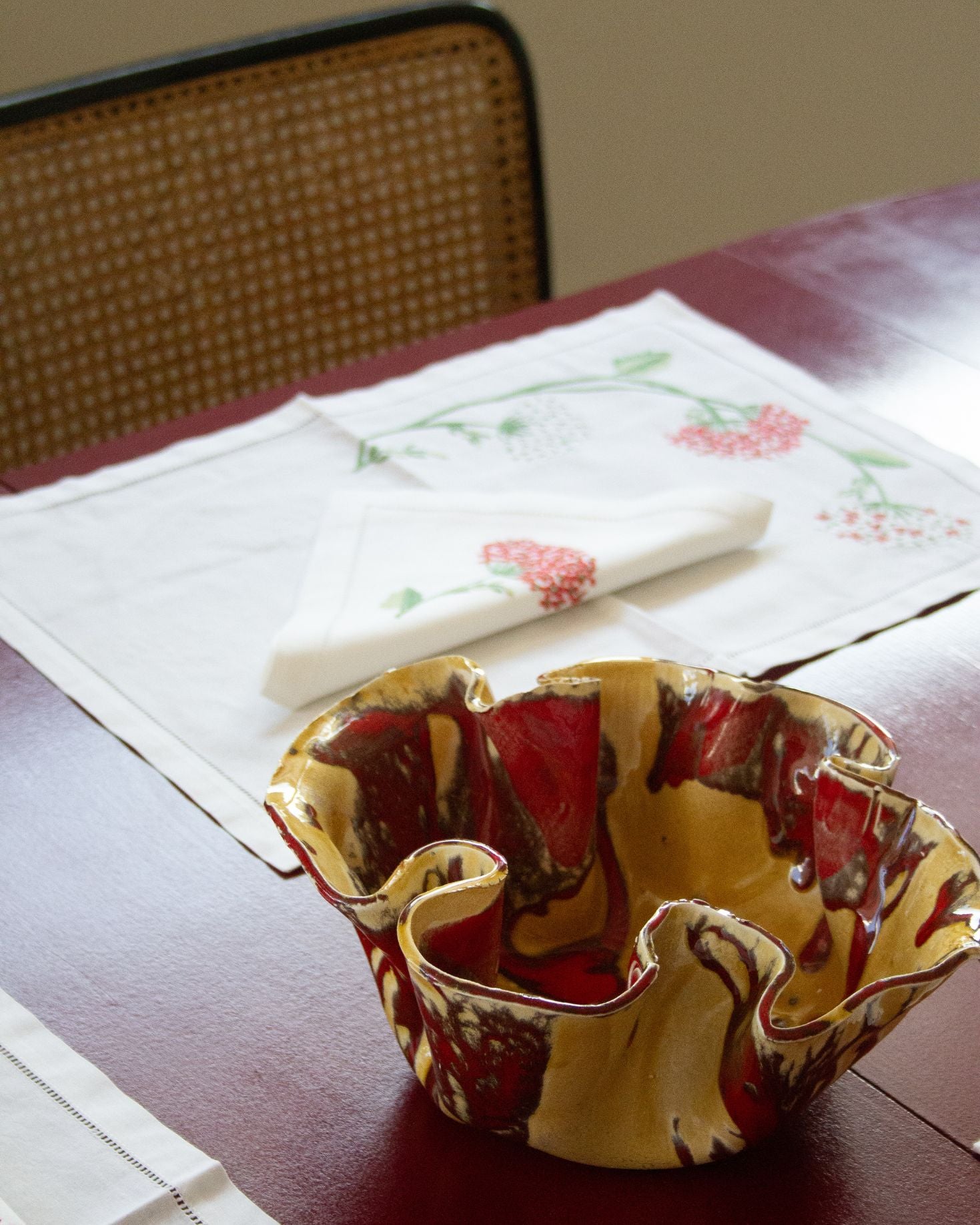 MEDIUM POTTERY BURGUNDY AND MUSTARD