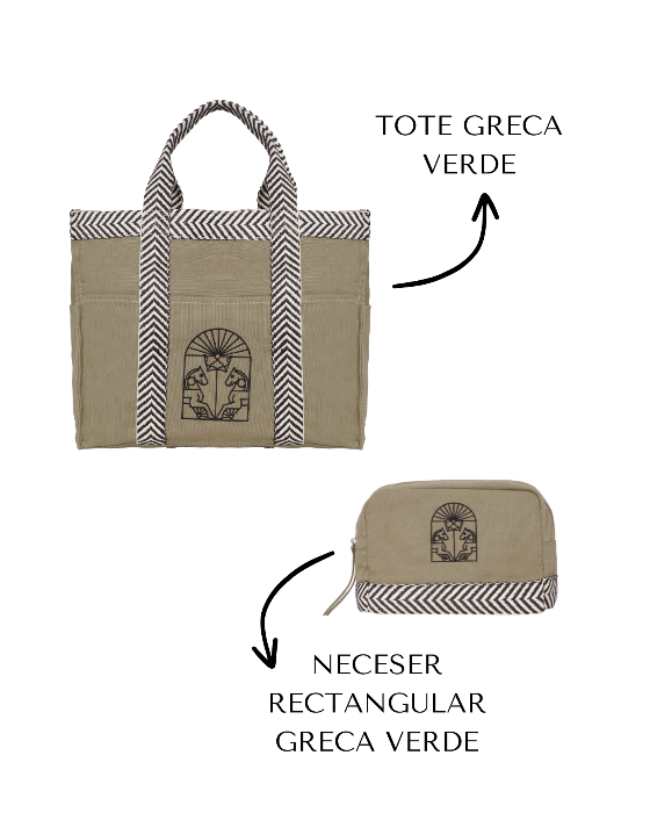 PACK TOTE Y NECESER RECTANGULAR GRECA (verde)